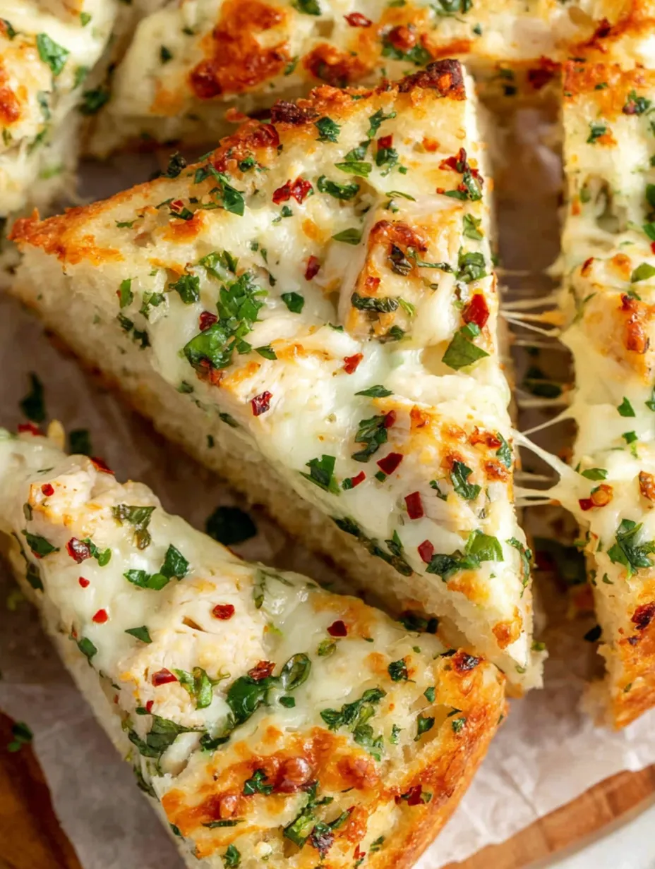 A slice of chicken Alfredo garlic pizza.