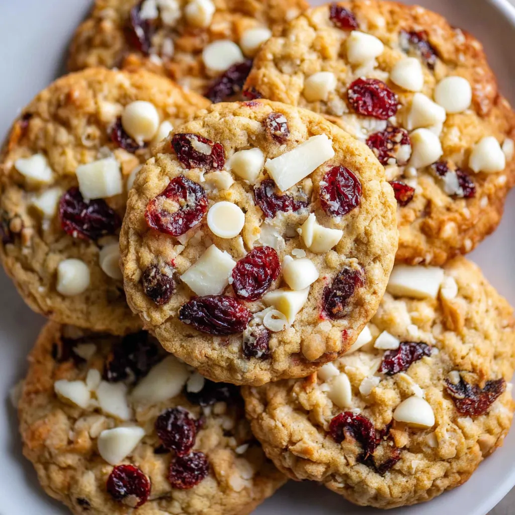 A plate of white chocolate cranberry cookies.