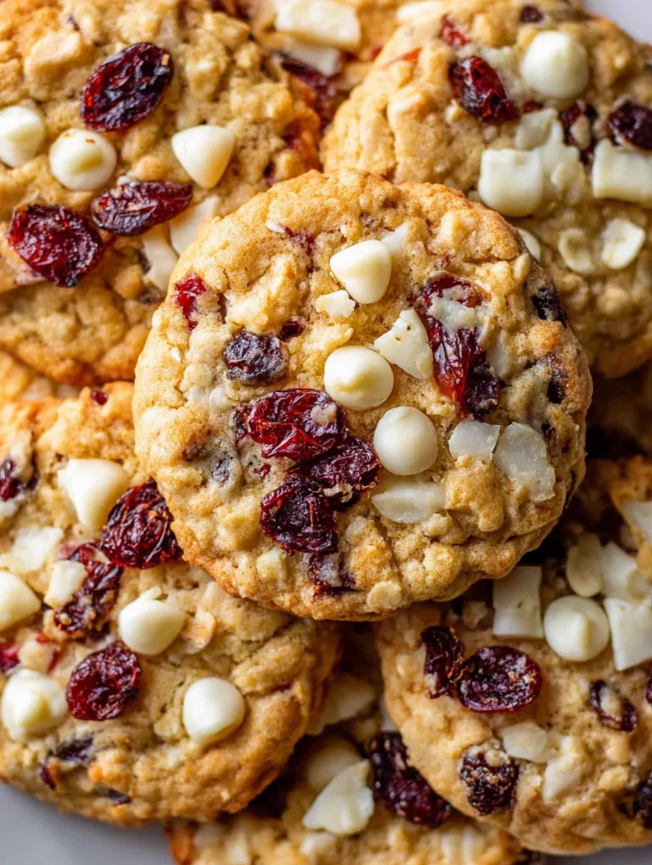 A close up of a white chocolate cranberry cookie.