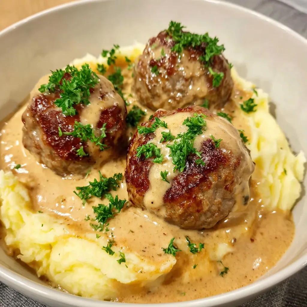 A bowl of meatballs and mashed potatoes.