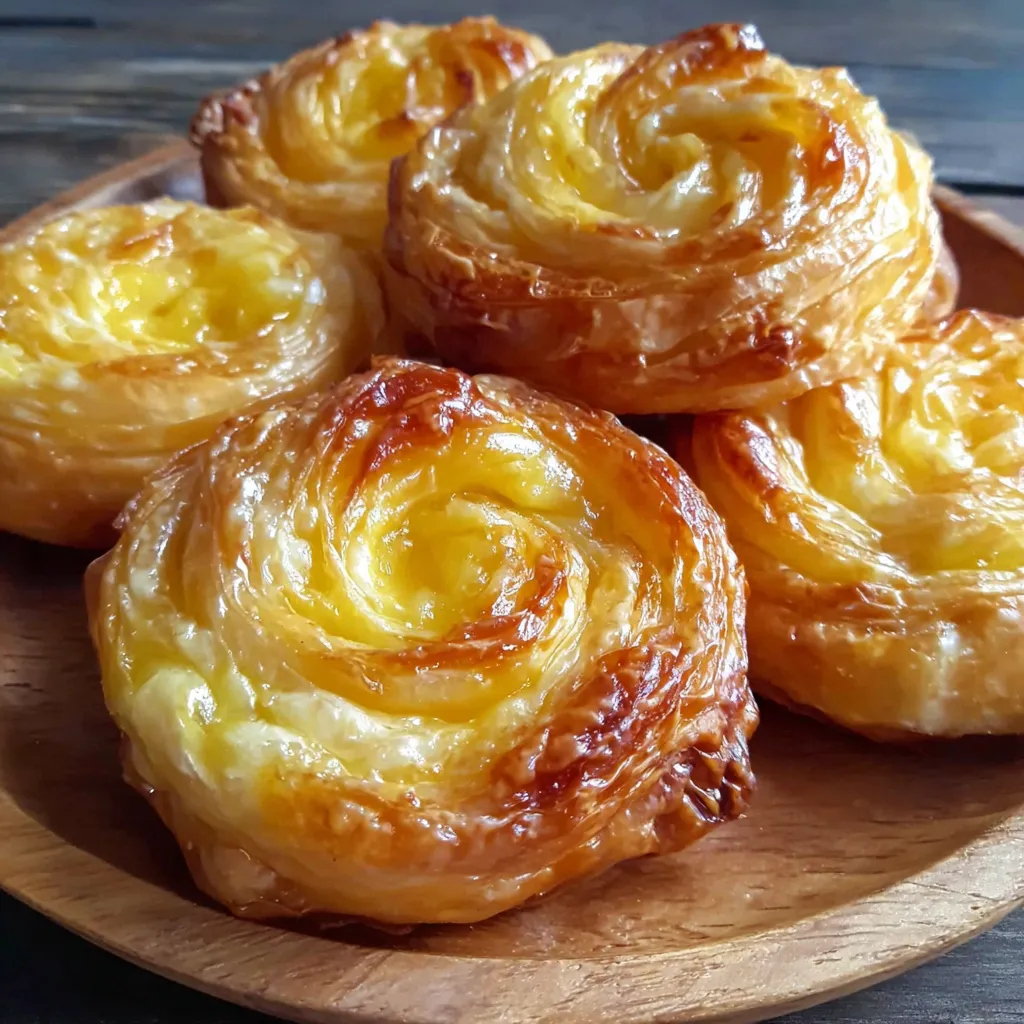 Peach Pie Cruffins on a wooden platter.