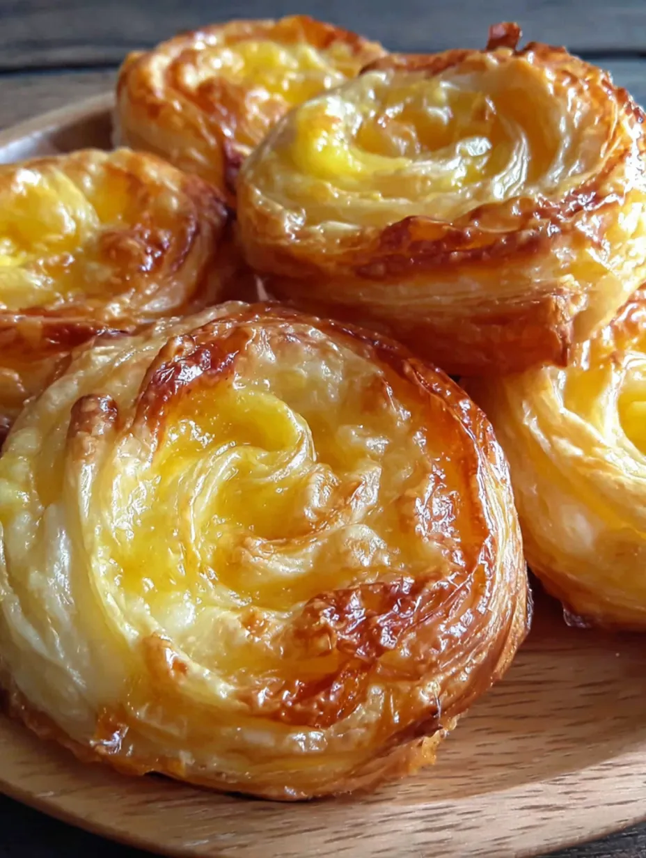 Peach Pie Cruffins on a wooden platter.