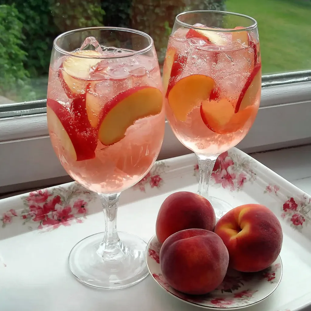 Two glasses of white peach sangria.