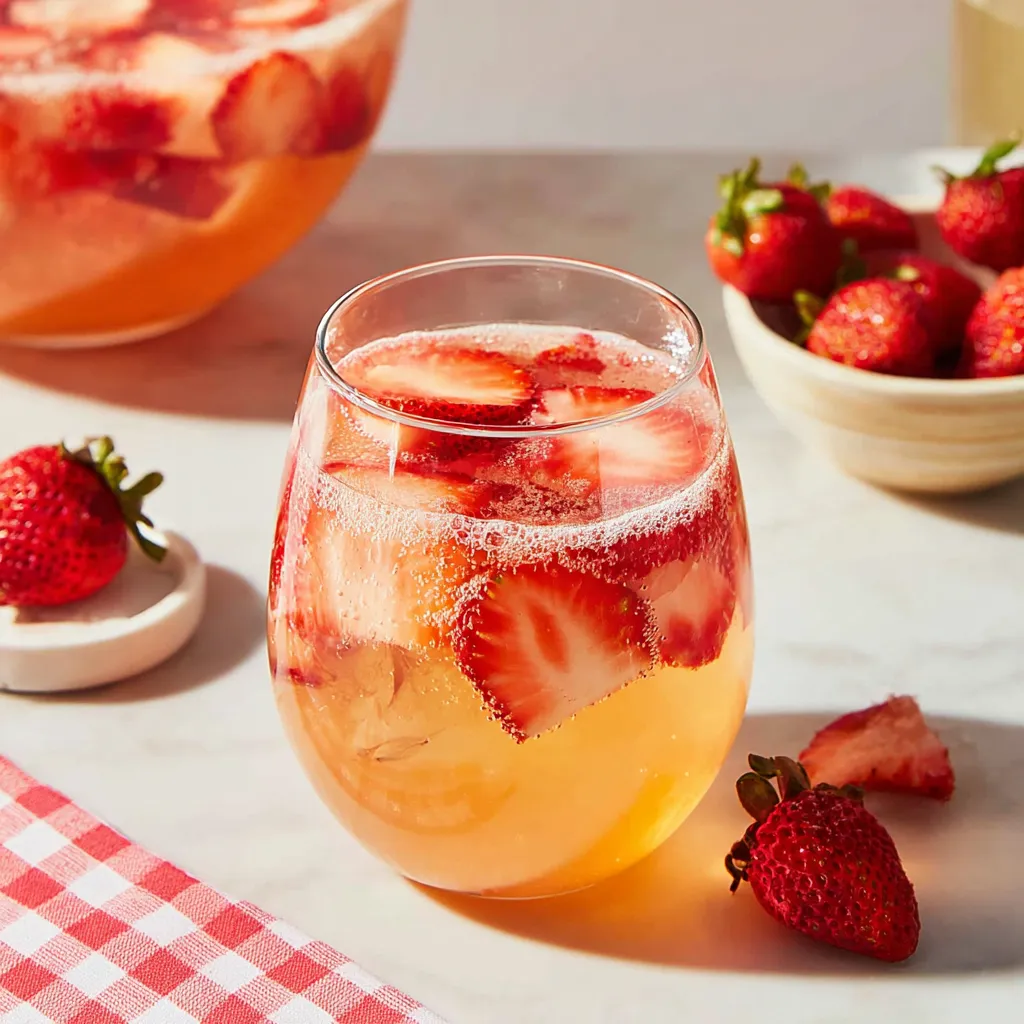 A glass of rosé sangria with strawberries and a bowl of strawberries.