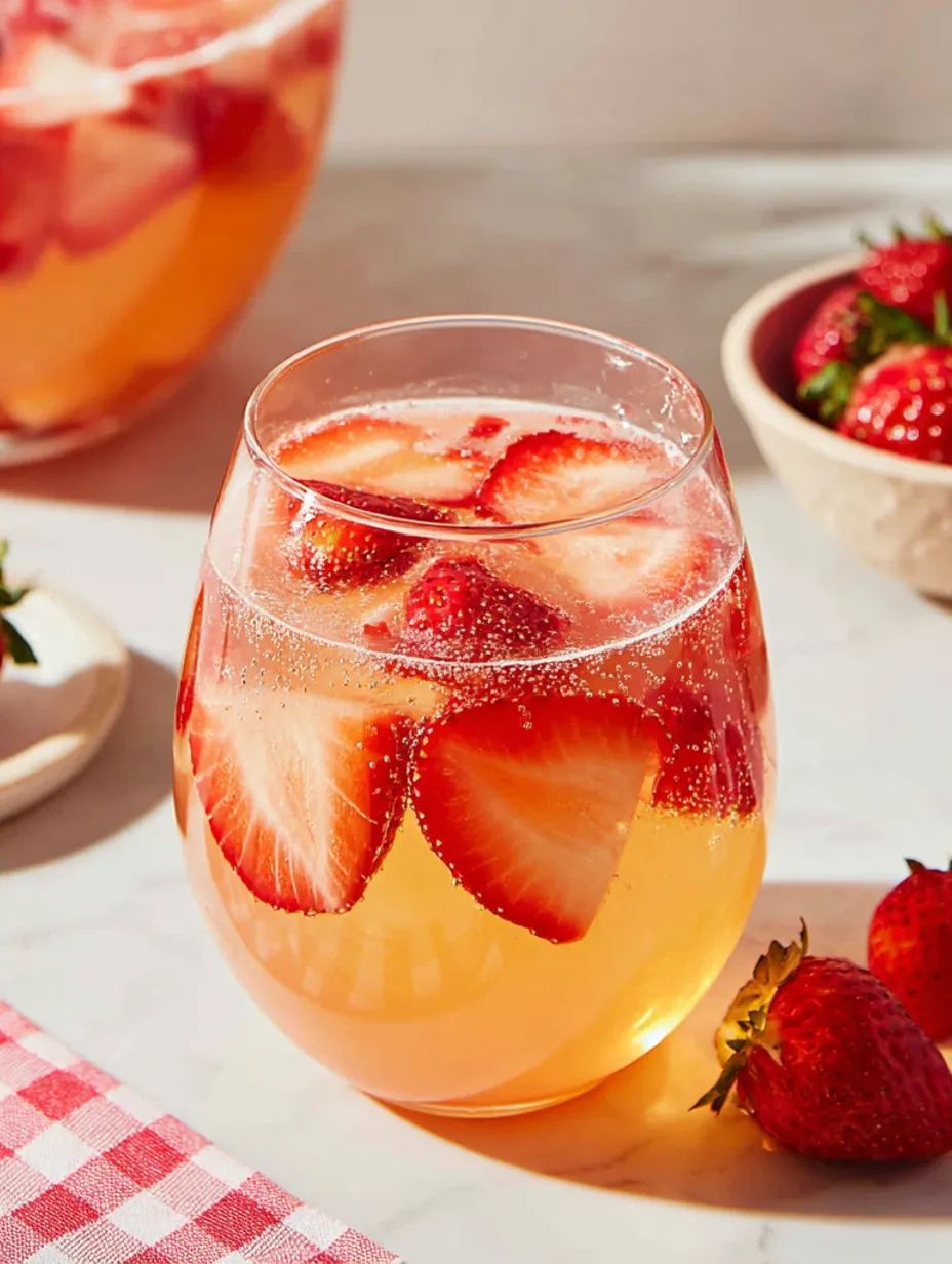 A glass of rosé sangria with strawberries in it.