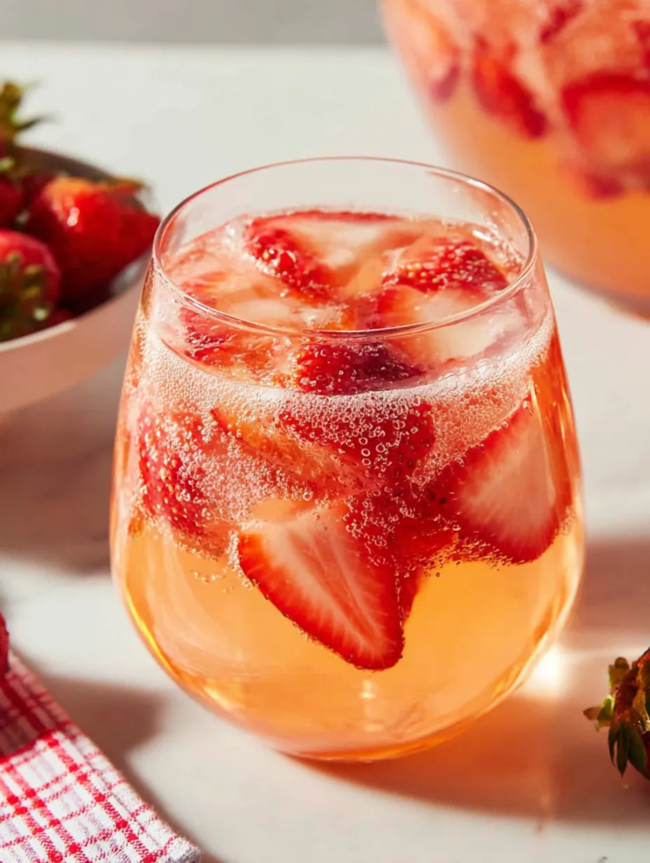 A glass of rosé sangria with strawberries in it.