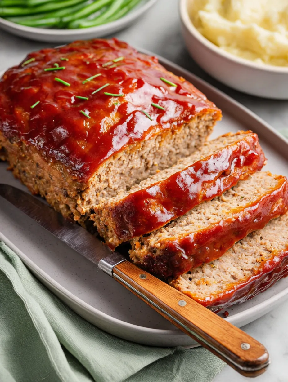 A meatloaf with a wooden fork on a plate.