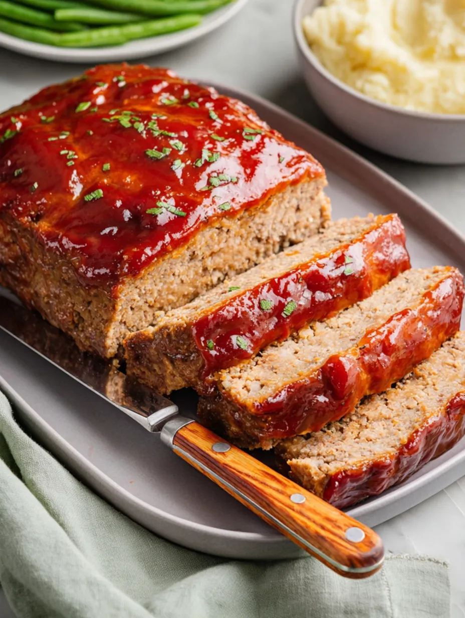 A loaf of meat with a wooden spatula on top.