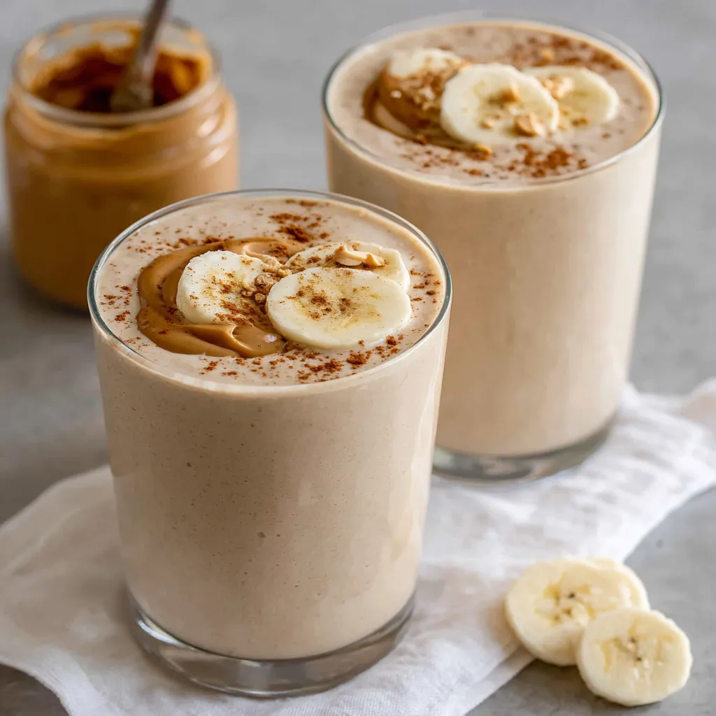 Two glasses of peanut butter banana smoothie.