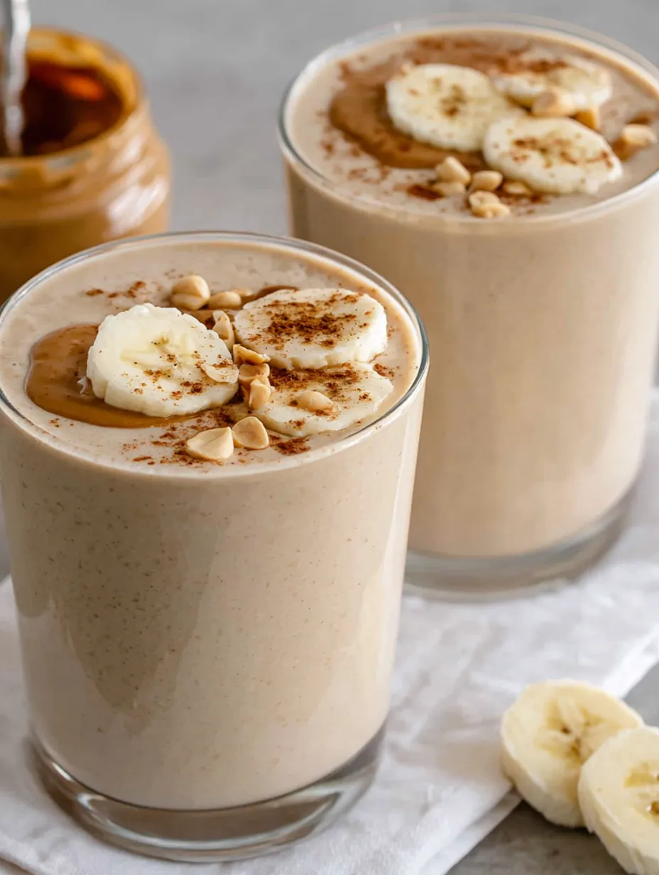 Two glasses of peanut butter banana smoothie.