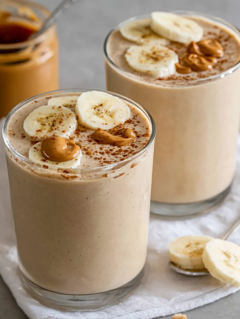 Two glasses of peanut butter banana smoothie.