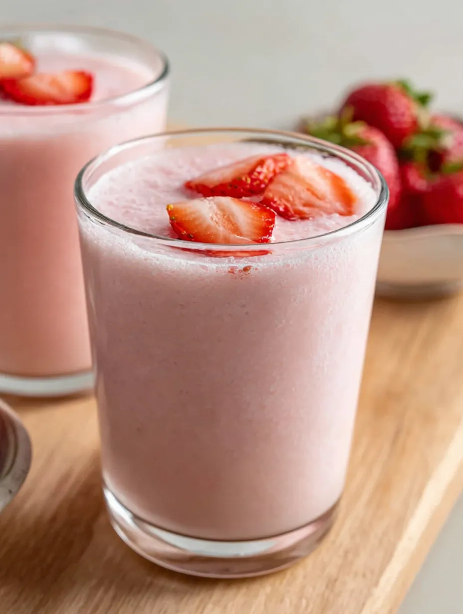 A glass of pink smoothie with strawberries in it.