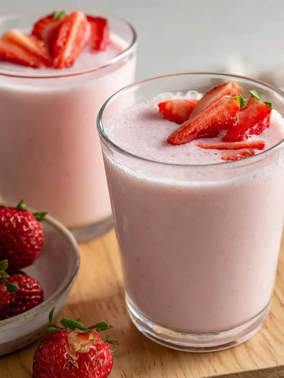 Two glasses of strawberry protein smoothie.