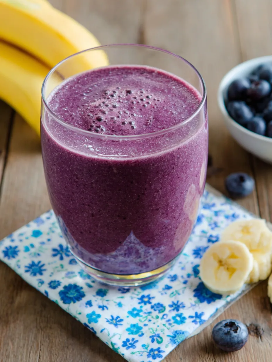 A glass of purple smoothie with bananas and blueberries.
