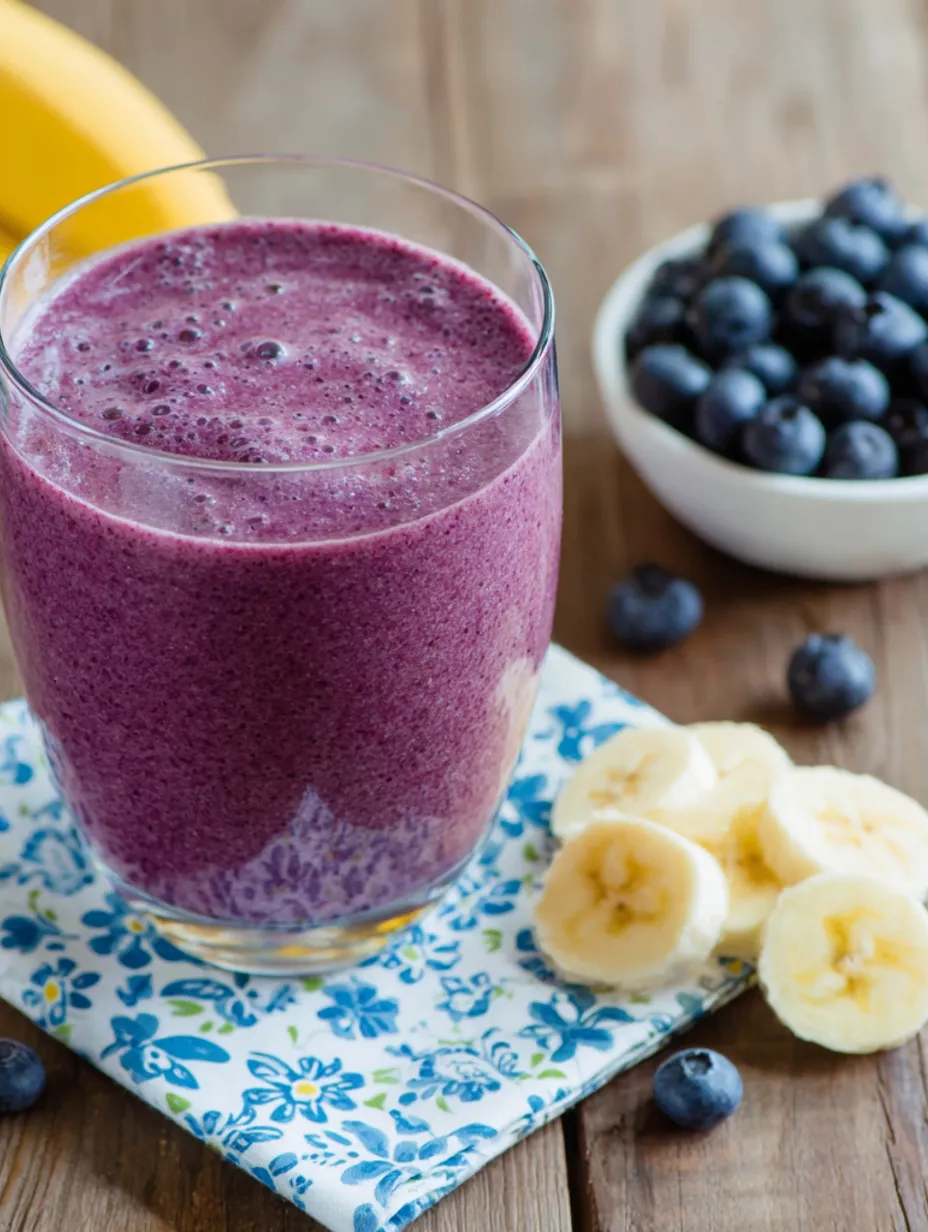 A glass of blue smoothie with bananas on a plate.