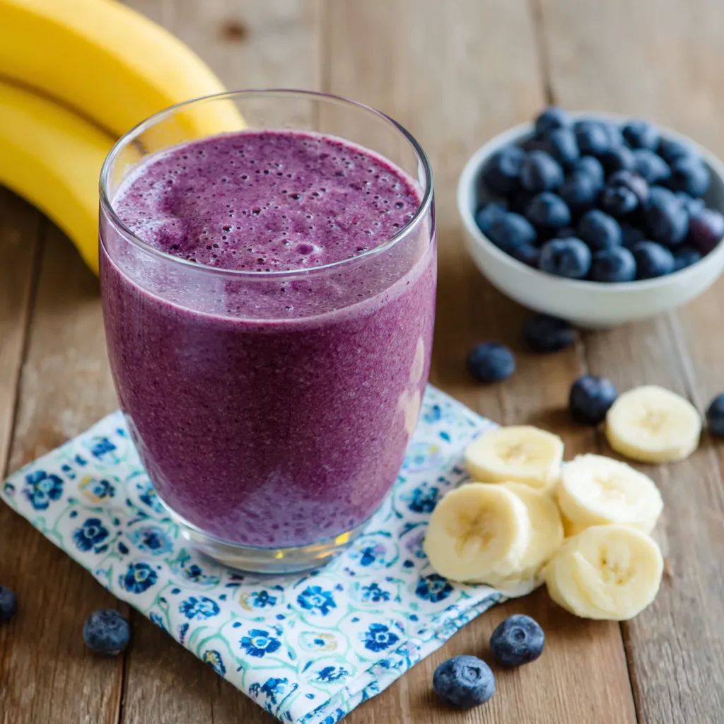 A glass of purple smoothie with banana slices on a table.