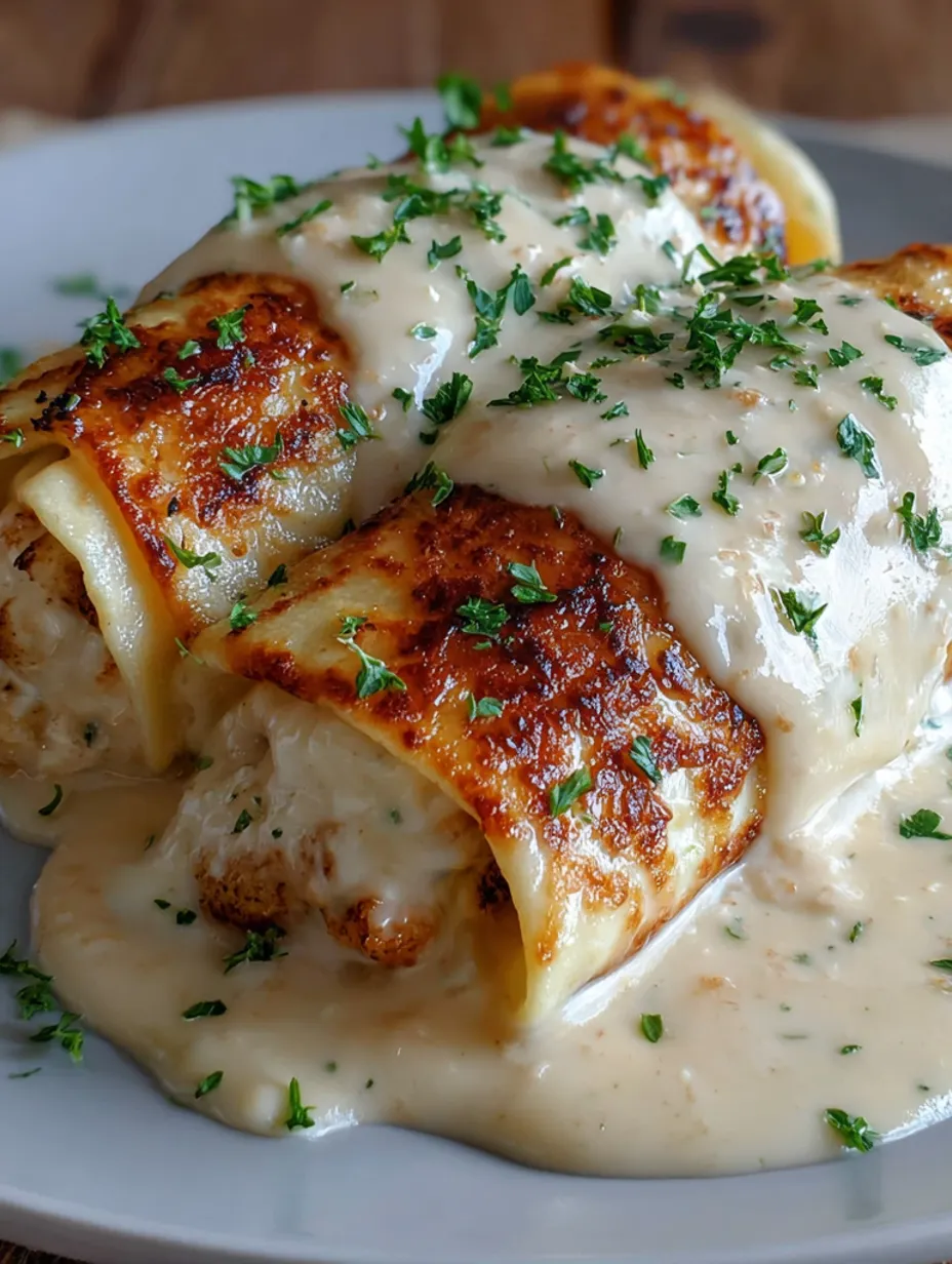 A plate of chicken Alfredo lasagna rolls.