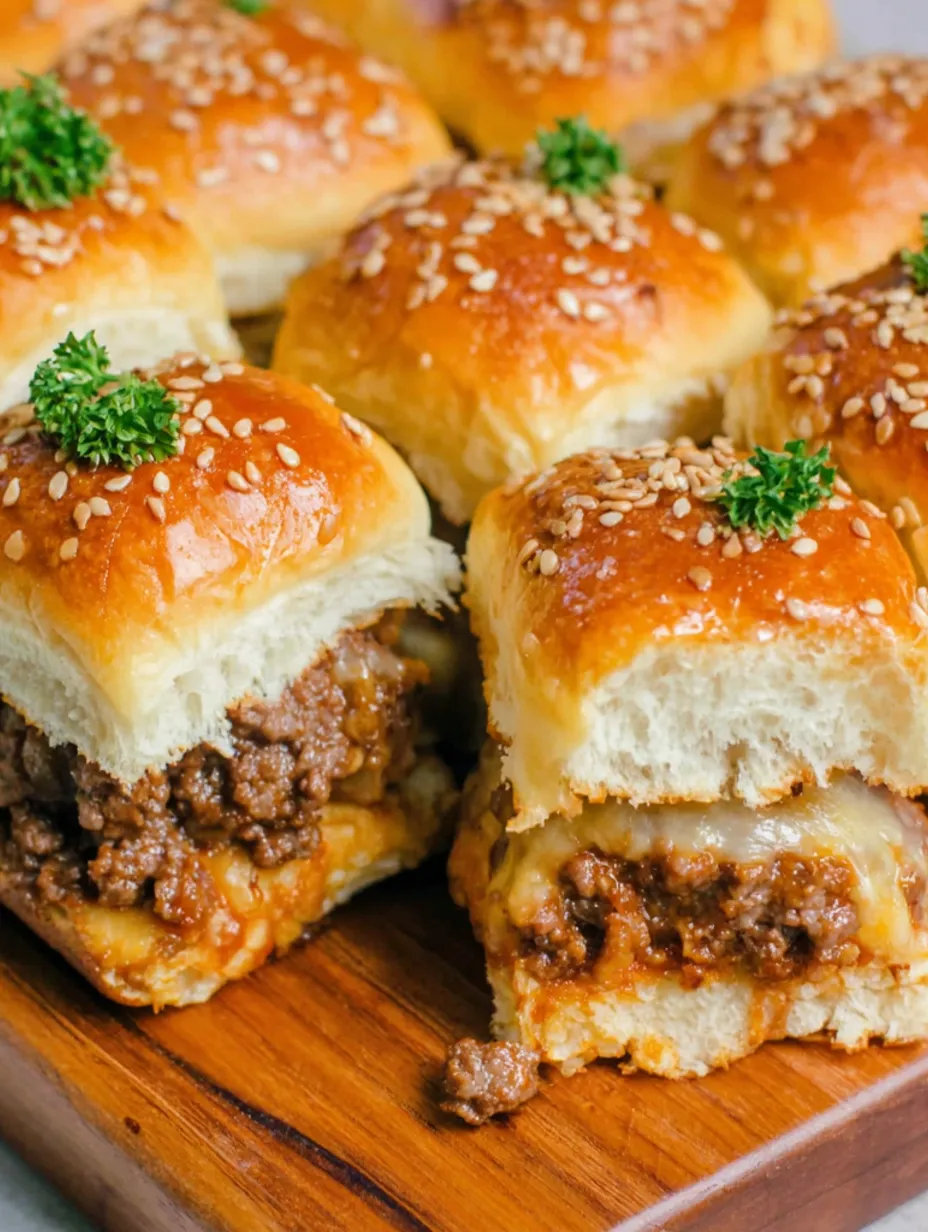 A plate of cheeseburger sliders with Hawaiian rolls.