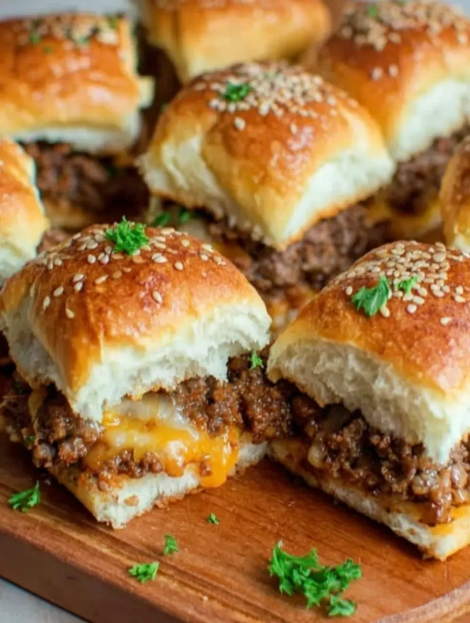 A plate of cheeseburger sliders with Hawaiian rolls.