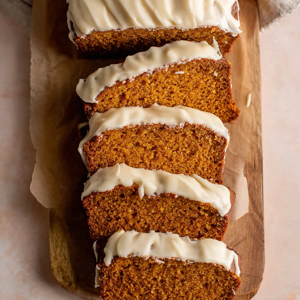 A slice of pumpkin bread with cream cheese frosting.