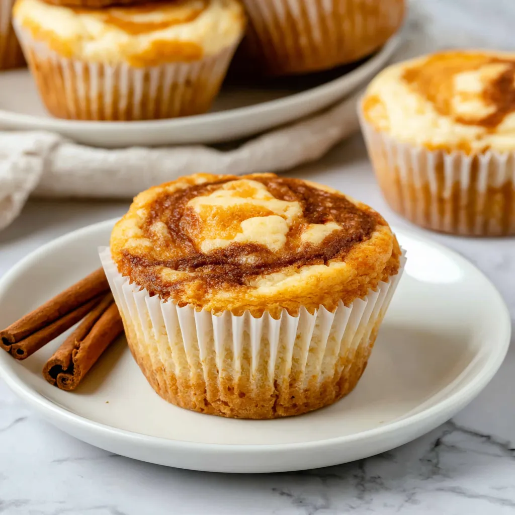 A plate of pumpkin cream cheese swirl muffins.