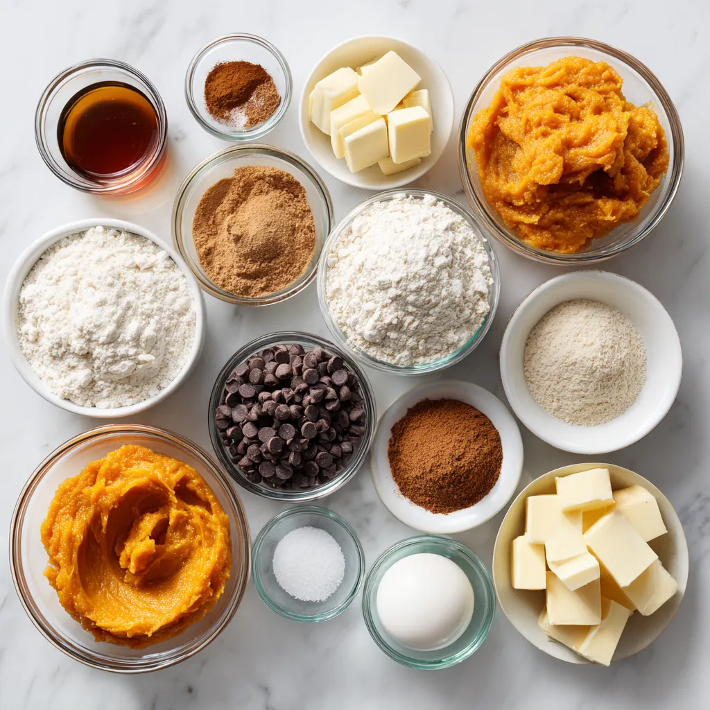 A variety of ingredients for pumpkin chocolate chip cookies.