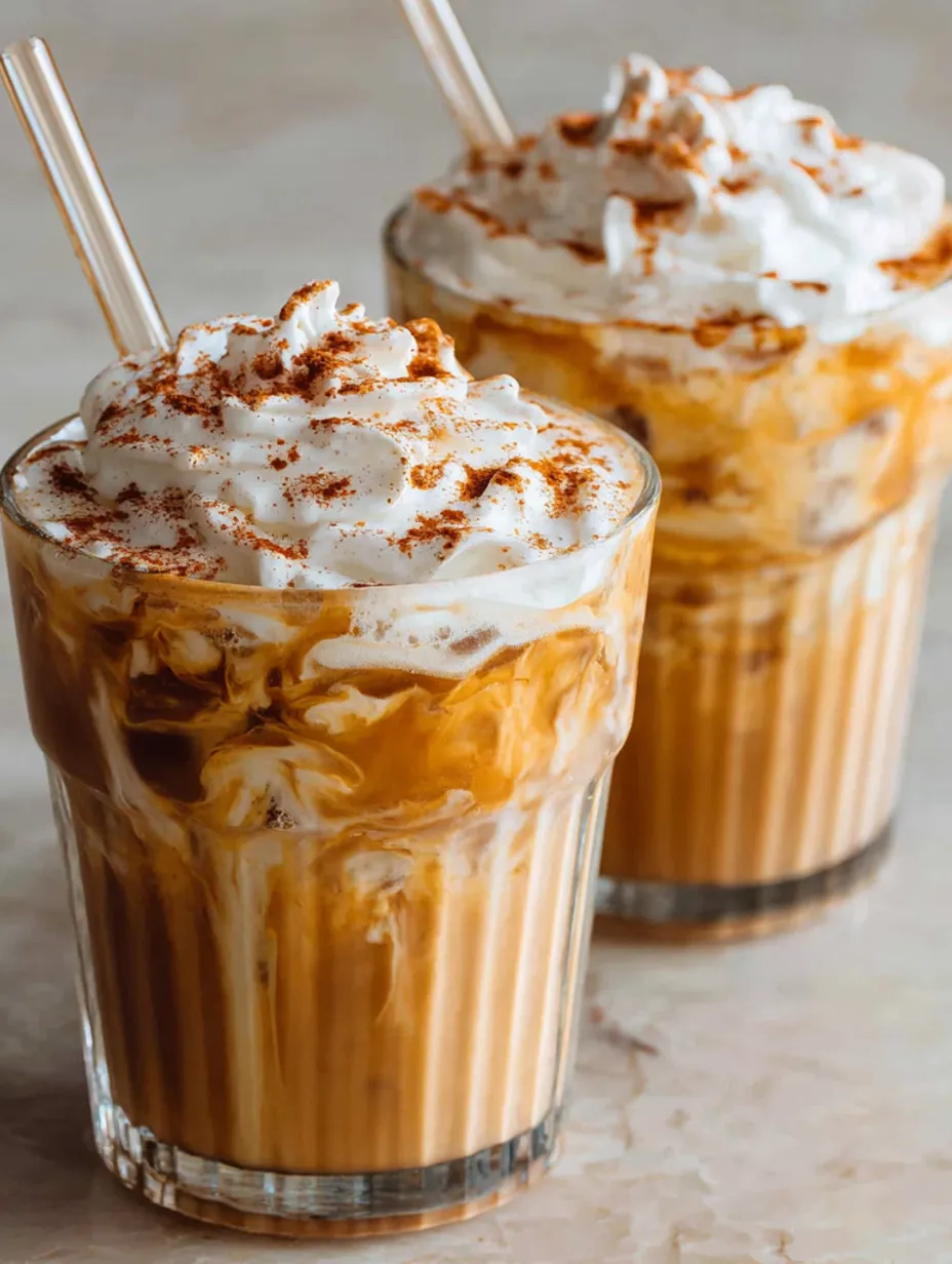 Two glasses of a Starbucks copycat iced pumpkin spice latte.