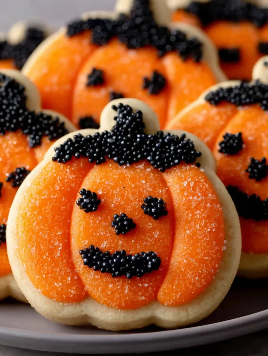 Orange cookies with black jelly beans and black icing in the shape of a pumpkin.