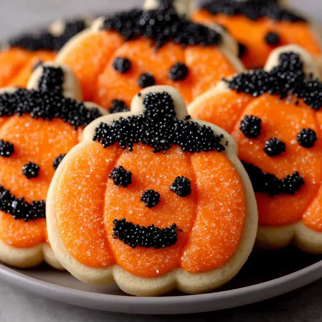 A plate of cookies with pumpkin faces on them.