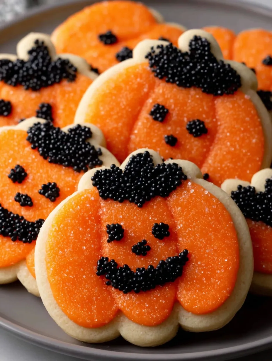 Orange cookies with black decorations and a smiley face.