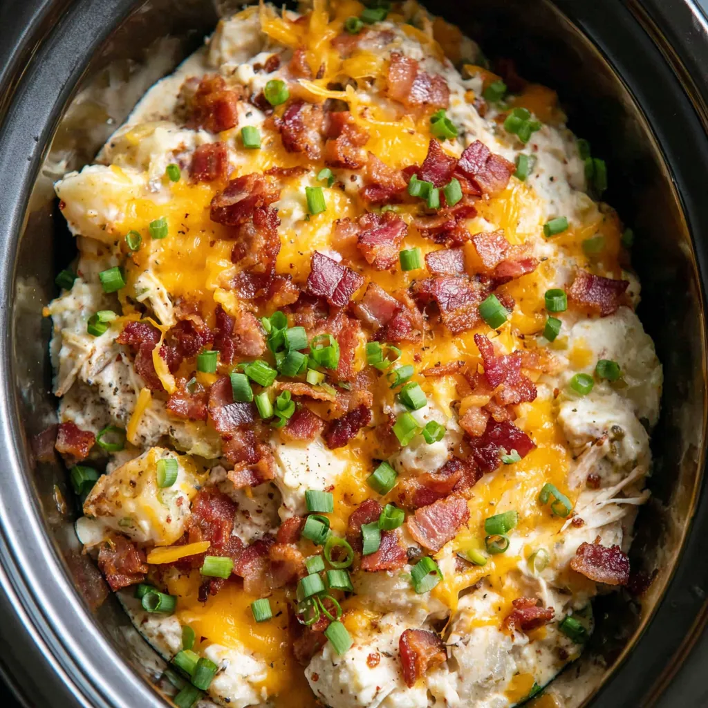 Slow cooker crack chicken with bacon and cheese.