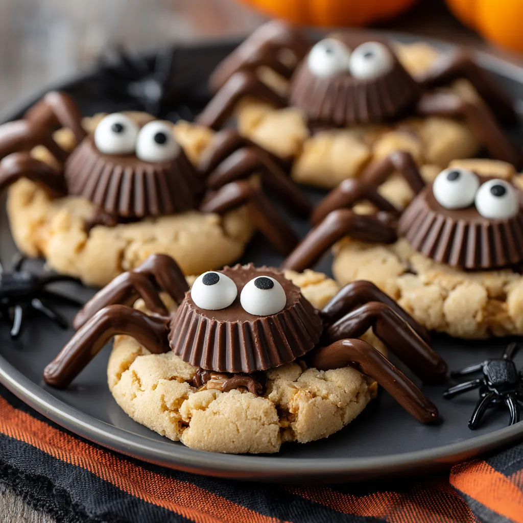 Peanut butter spider cookies on a plate.