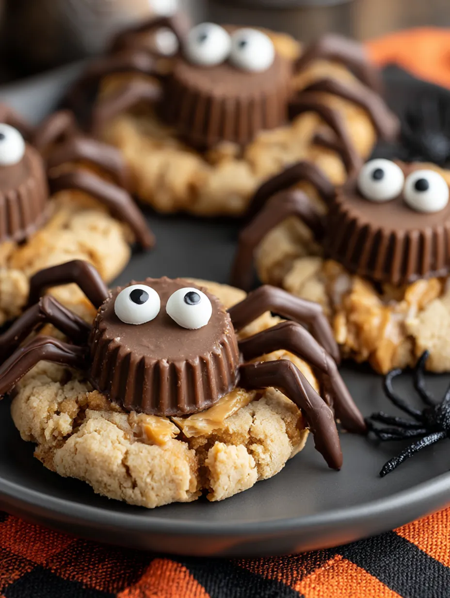 Peanut butter spider cookies on a plate.