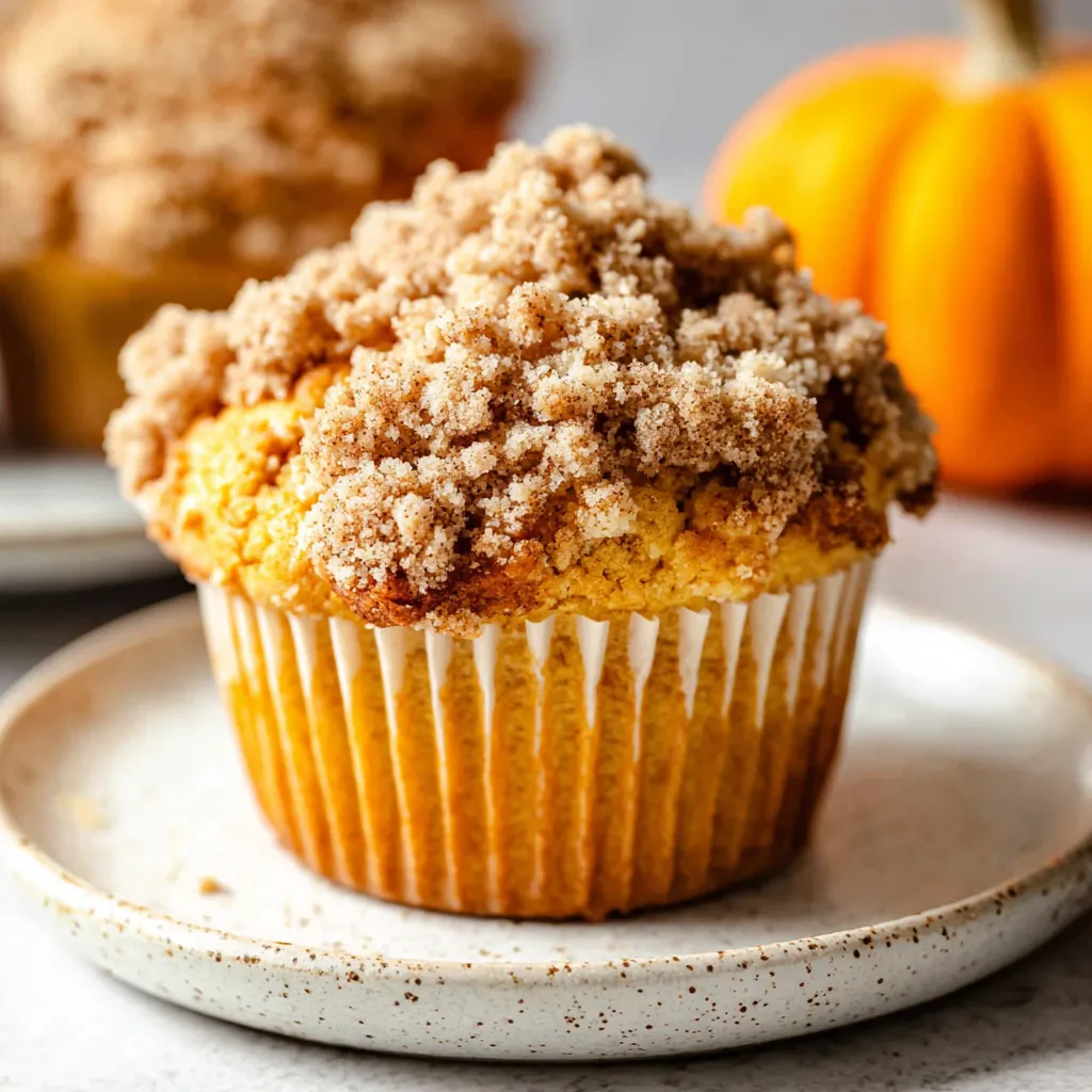 A muffin with a streusel topping and a pumpkin in the background.