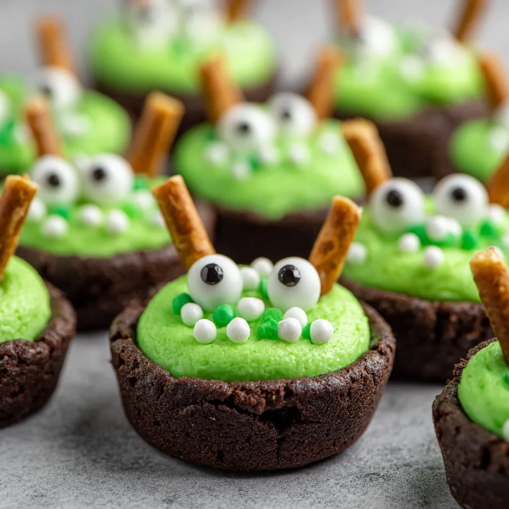 A plate of green cookies with white eyes and a toothpick in them.