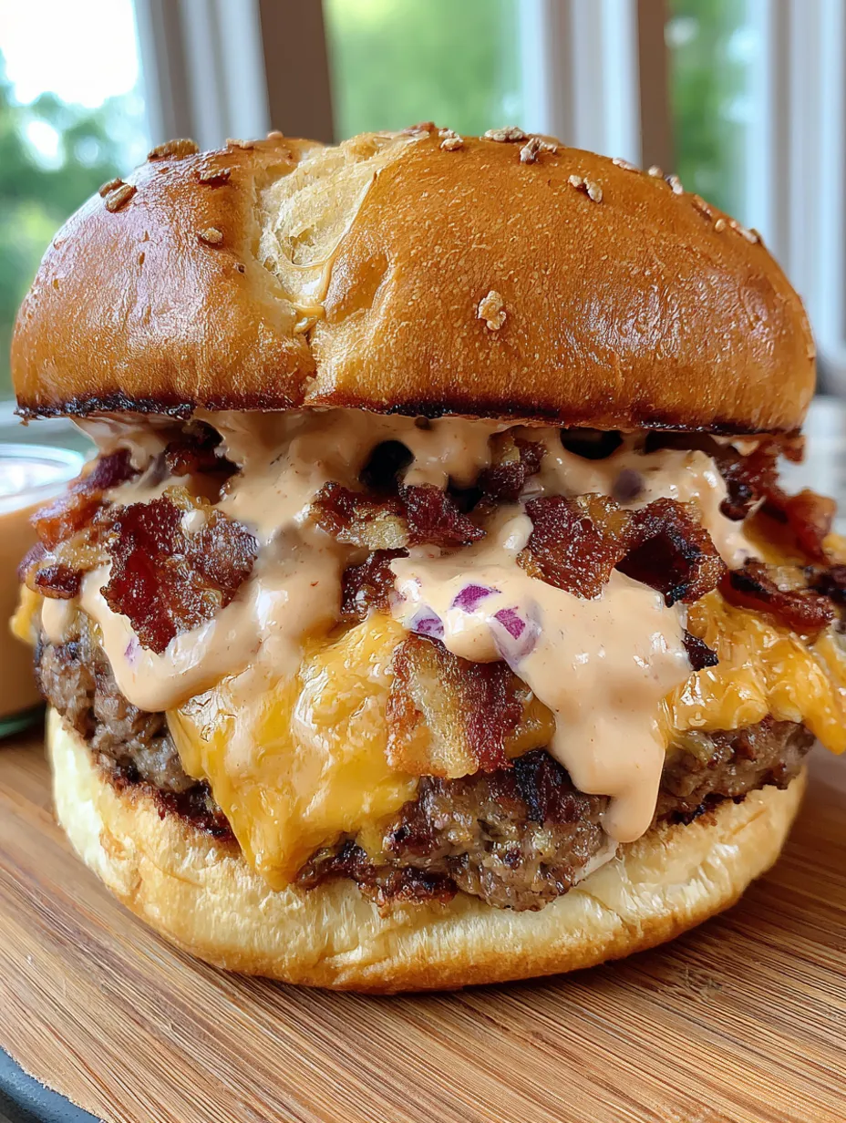 A large burger with bacon and cheese.