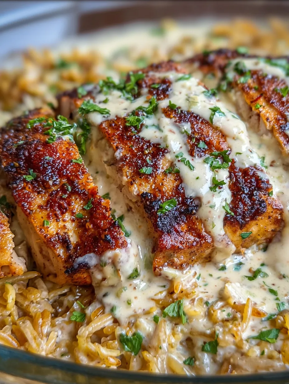 A plate of rice and chicken with a creamy sauce.