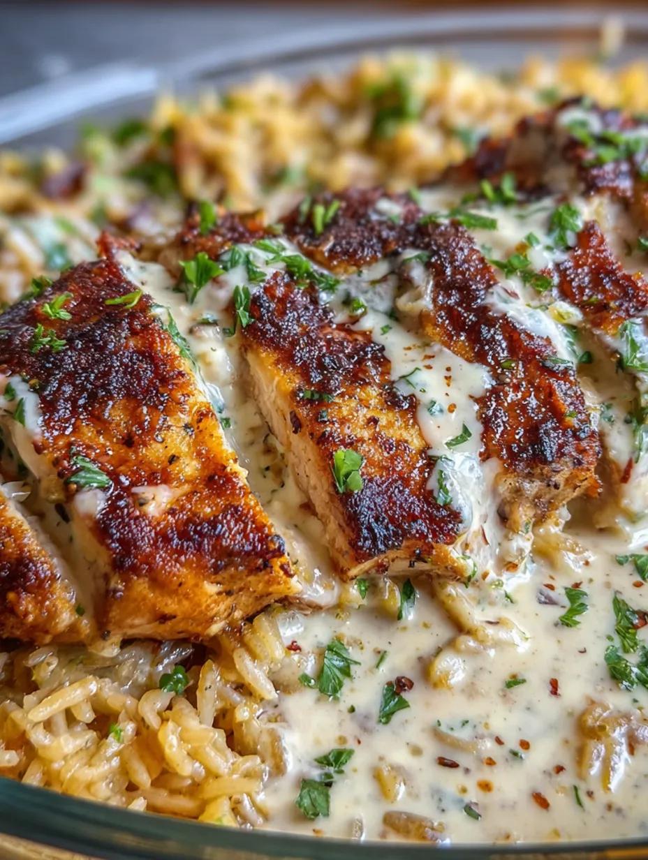 A plate of rice and chicken with a creamy sauce.