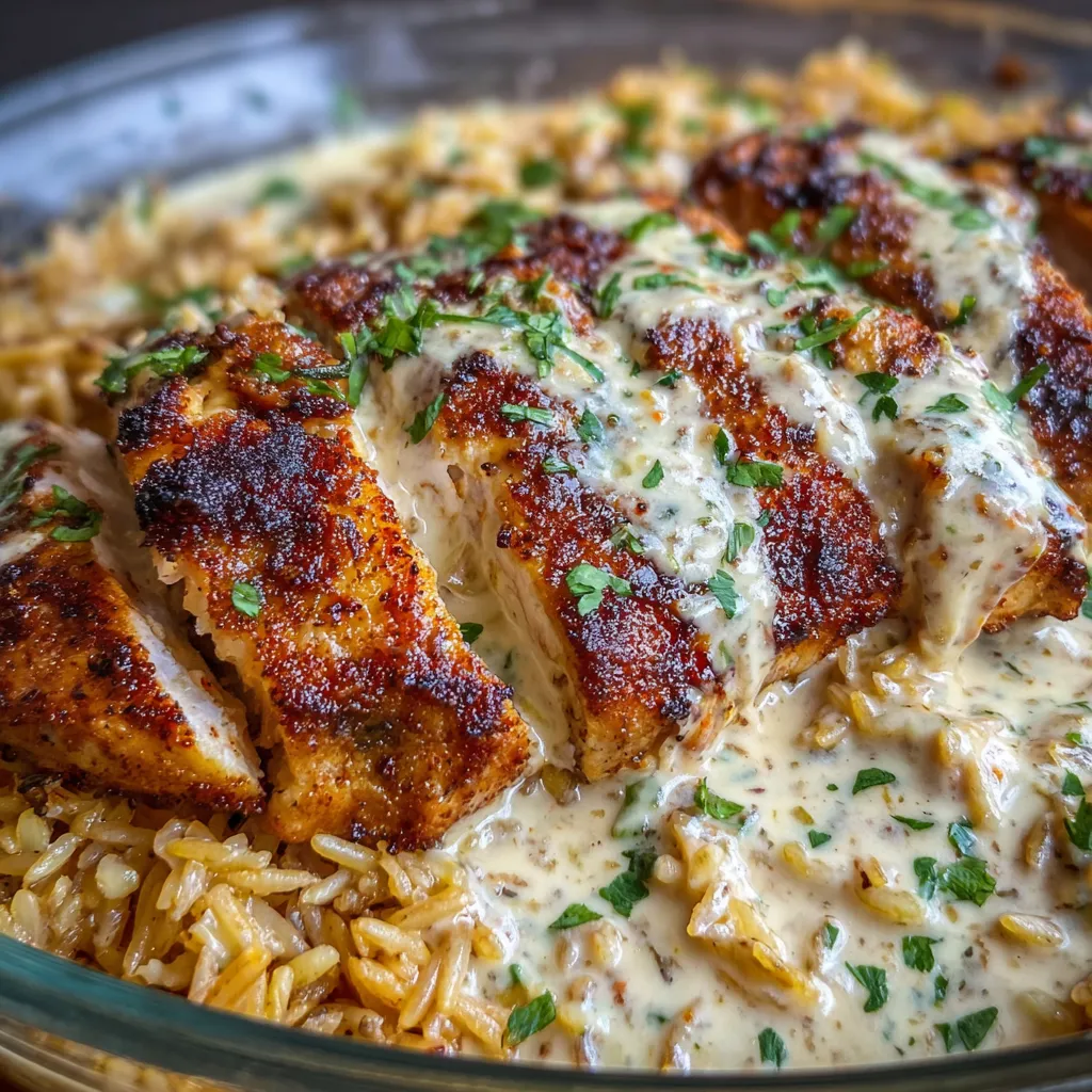 A dish of rice and chicken with a creamy sauce.