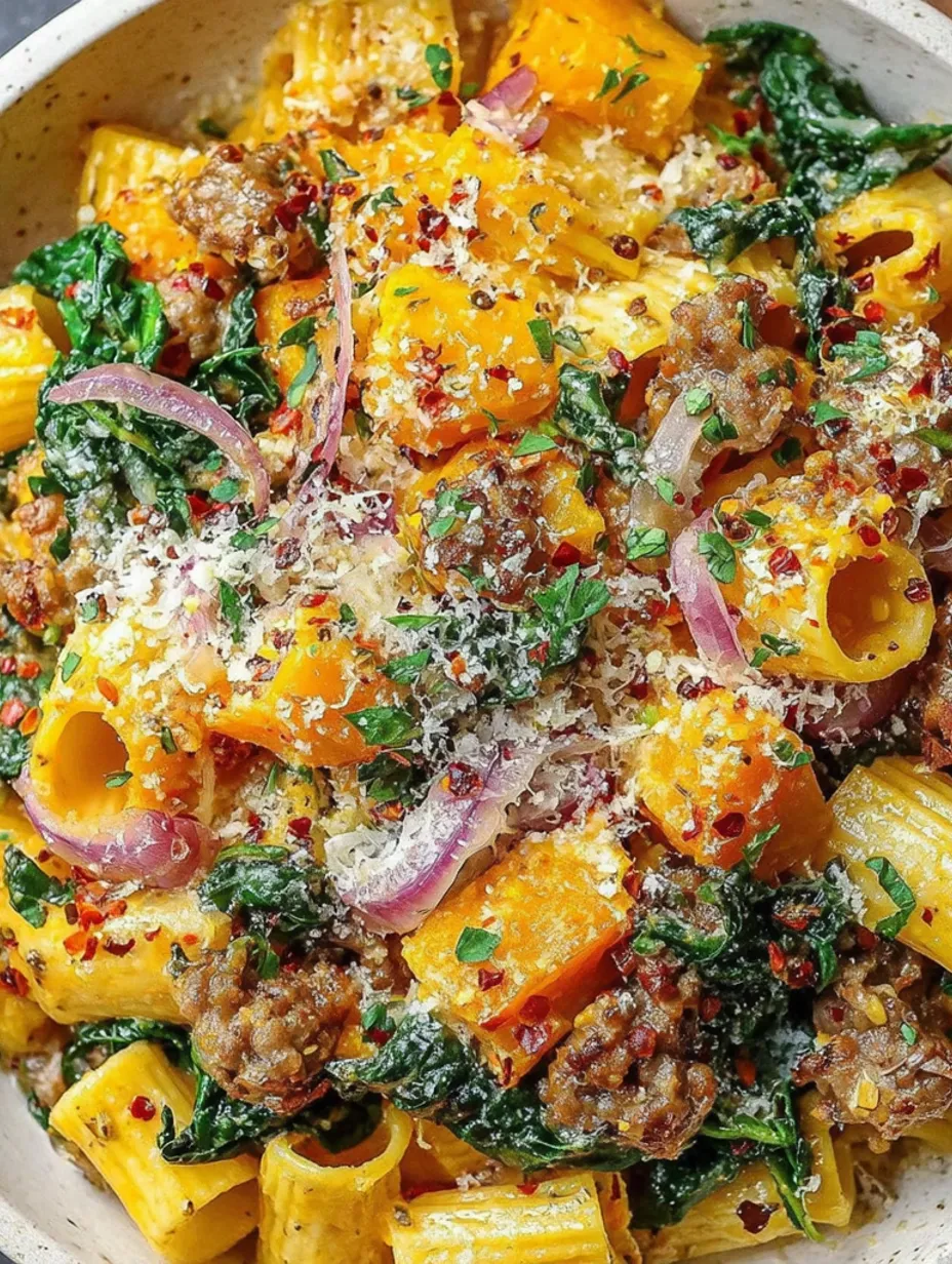 A dish of rigatoni with butternut squash and spicy sausage.