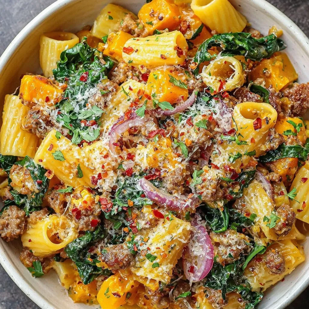 A bowl of rigatoni with butternut squash and spicy sausage.