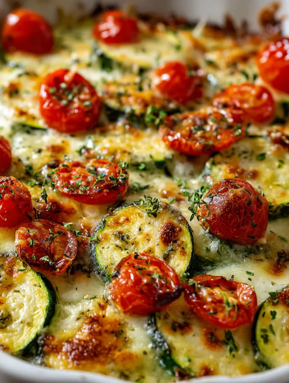 A cheesy zucchini bake with tomatoes and herbs.