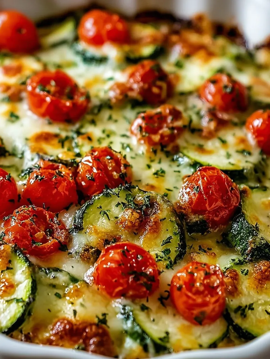 A cheesy zucchini bake with tomatoes and herbs.