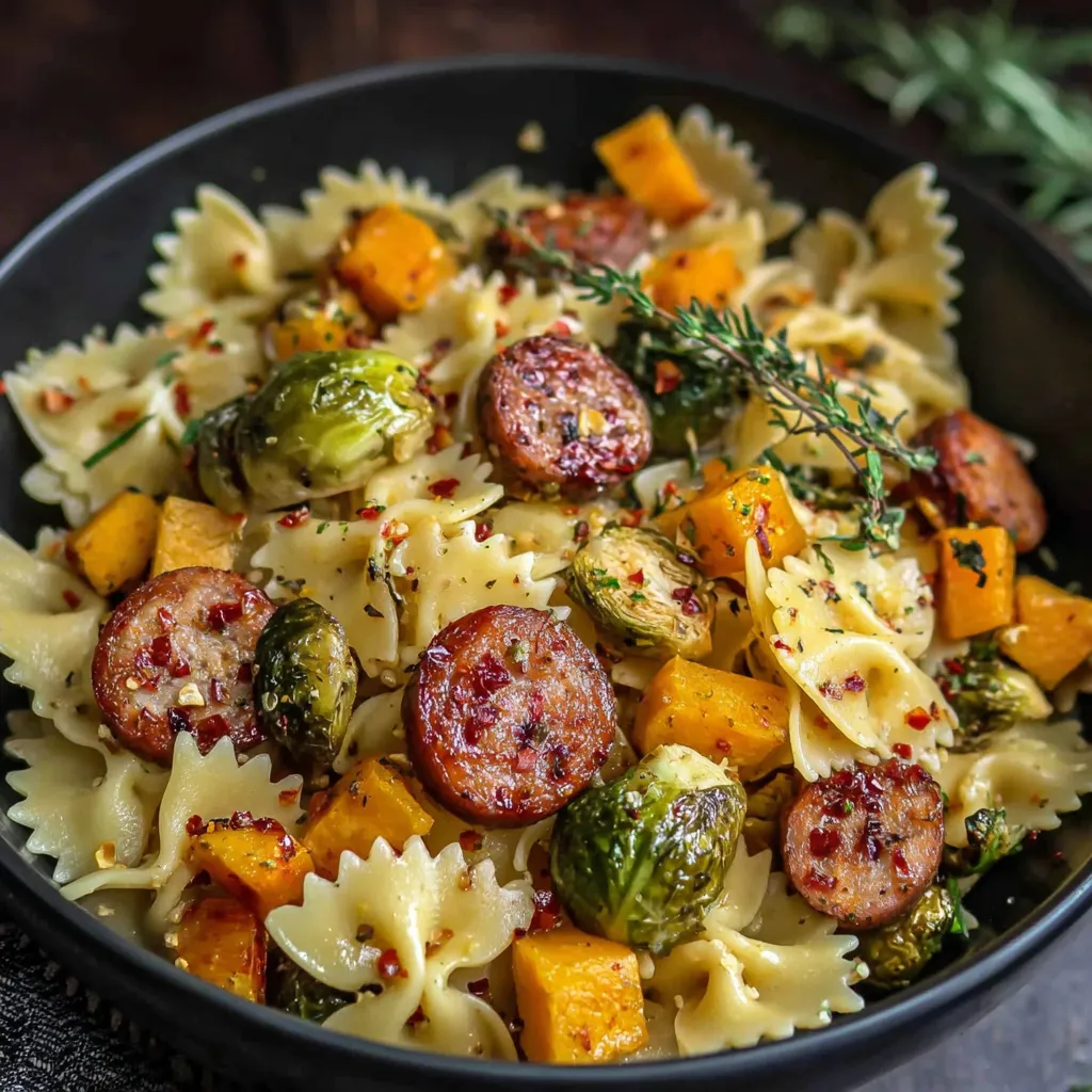 A bowl of pasta with sausage and squash.
