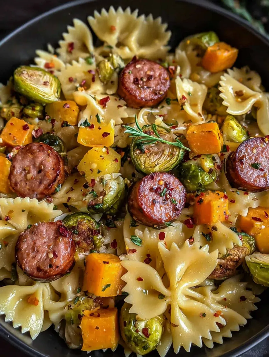 A dish of pasta with sausage and squash.