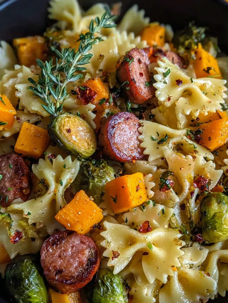 A dish of pasta with sausage and squash.