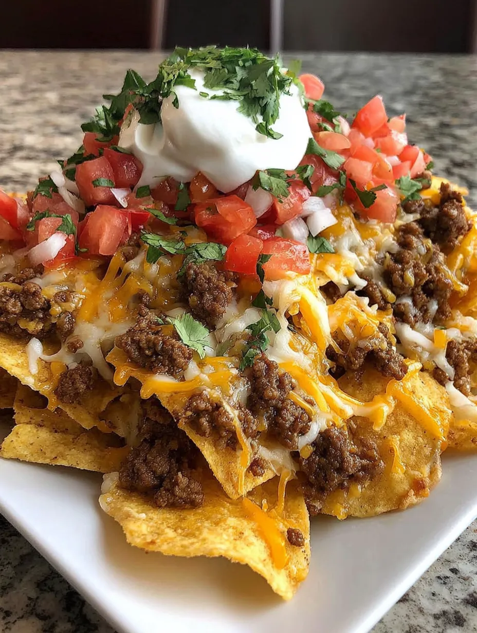 A plate of Dorito Taco Casserole with tomatoes and cheese.
