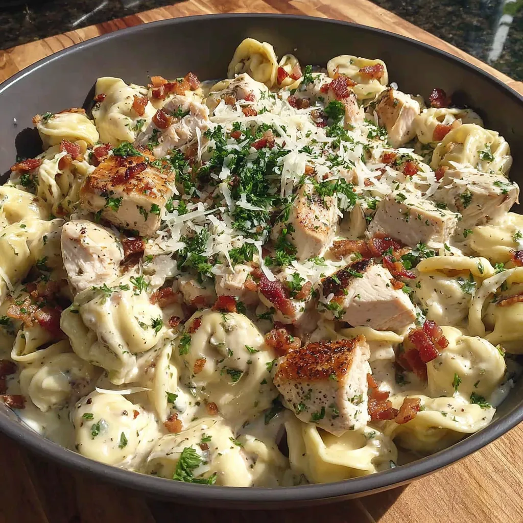 A bowl of Parmesan chicken tortellini.