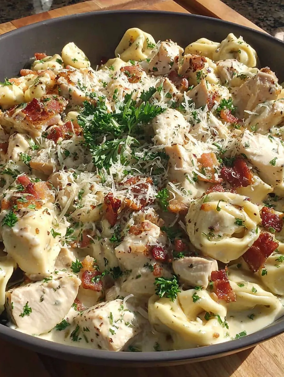 A dish of Parmesan chicken tortellini.