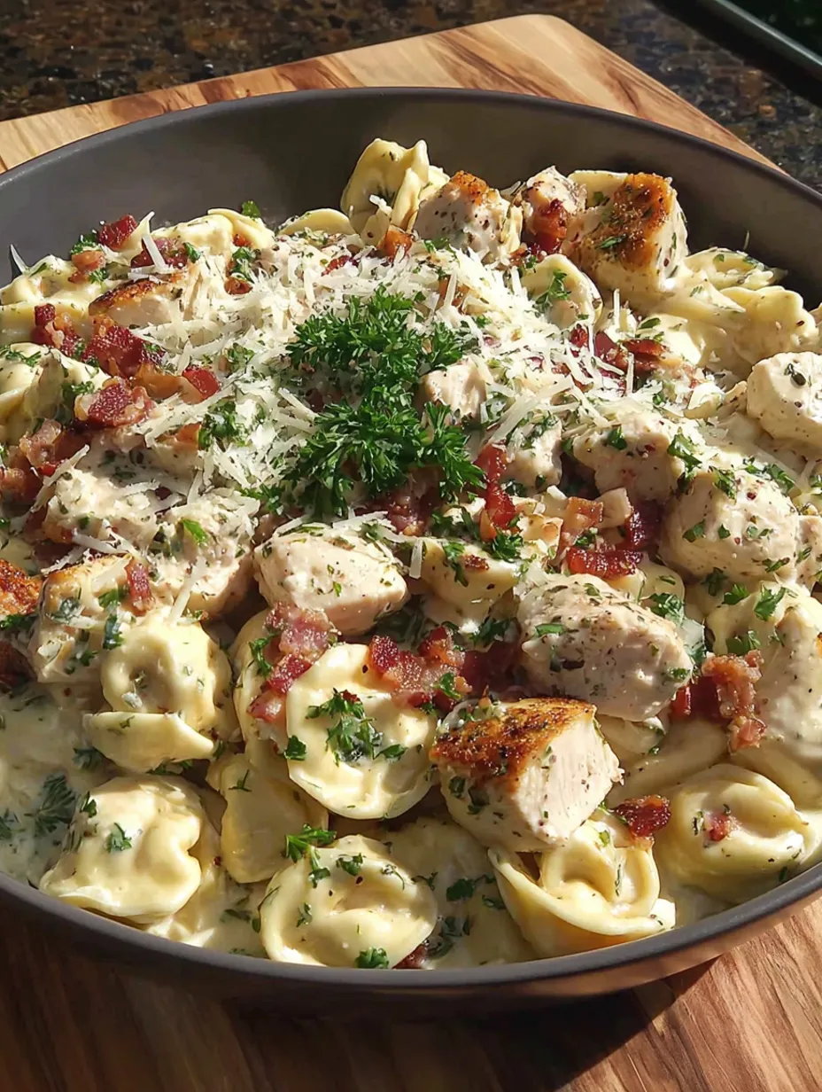 A bowl of Parmesan chicken tortellini.